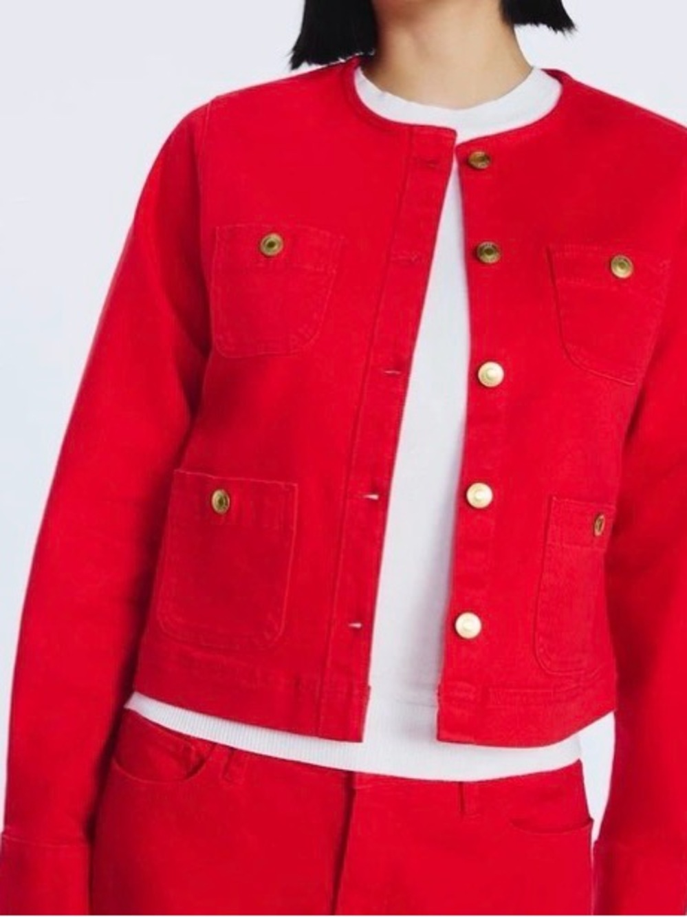 NEW Free Assembly Collarless Red Gold Button Short Denim Jacket - Picture 2 of 8